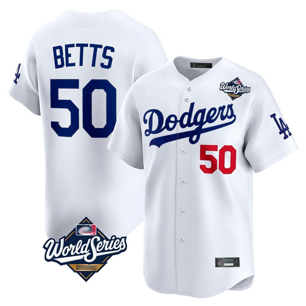 Los Angeles Dodgers #50 Mookie Betts Player White AmberGomez World Series Limited Home Stitched Jerseys