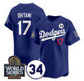 Los Angeles Dodgers #17 Shohei Ohtani Royal AmberGomez 2024 World Series With No. 34 Patch Cool Base Stitched Jersey