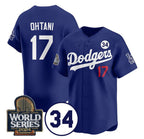Los Angeles Dodgers #17 Shohei Ohtani Royal AmberGomez 2024 World Series With No. 34 Patch Cool Base Stitched Jersey