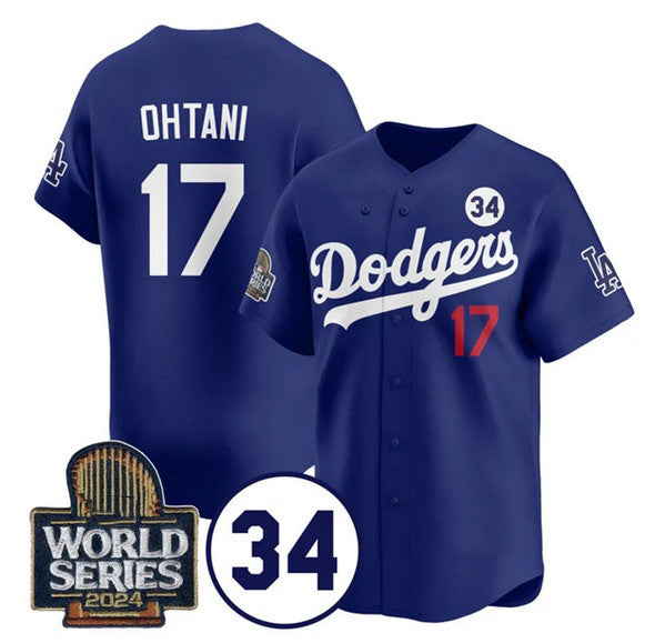 Los Angeles Dodgers #17 Shohei Ohtani Royal AmberGomez 2024 World Series With No. 34 Patch Cool Base Stitched Jersey
