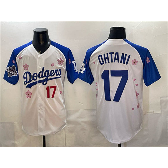 Los Angeles Dodgers #17 Shohei Ohtani White Royal AmberGomez 2025 World Series Champions Patch Tokyo Series Limited Stitched Jersey