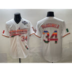 Los Angeles Dodgers #34 Fernando Valenzuela White AmberGomez Mexico California Patch 2025 World Series Patch Stitched Jersey