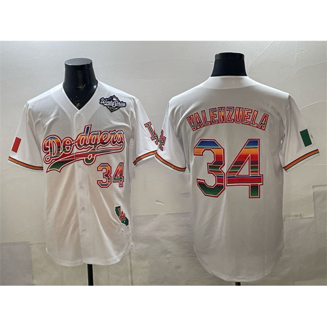 Los Angeles Dodgers #34 Fernando Valenzuela White AmberGomez Mexico California Patch 2025 World Series Patch Stitched Jersey