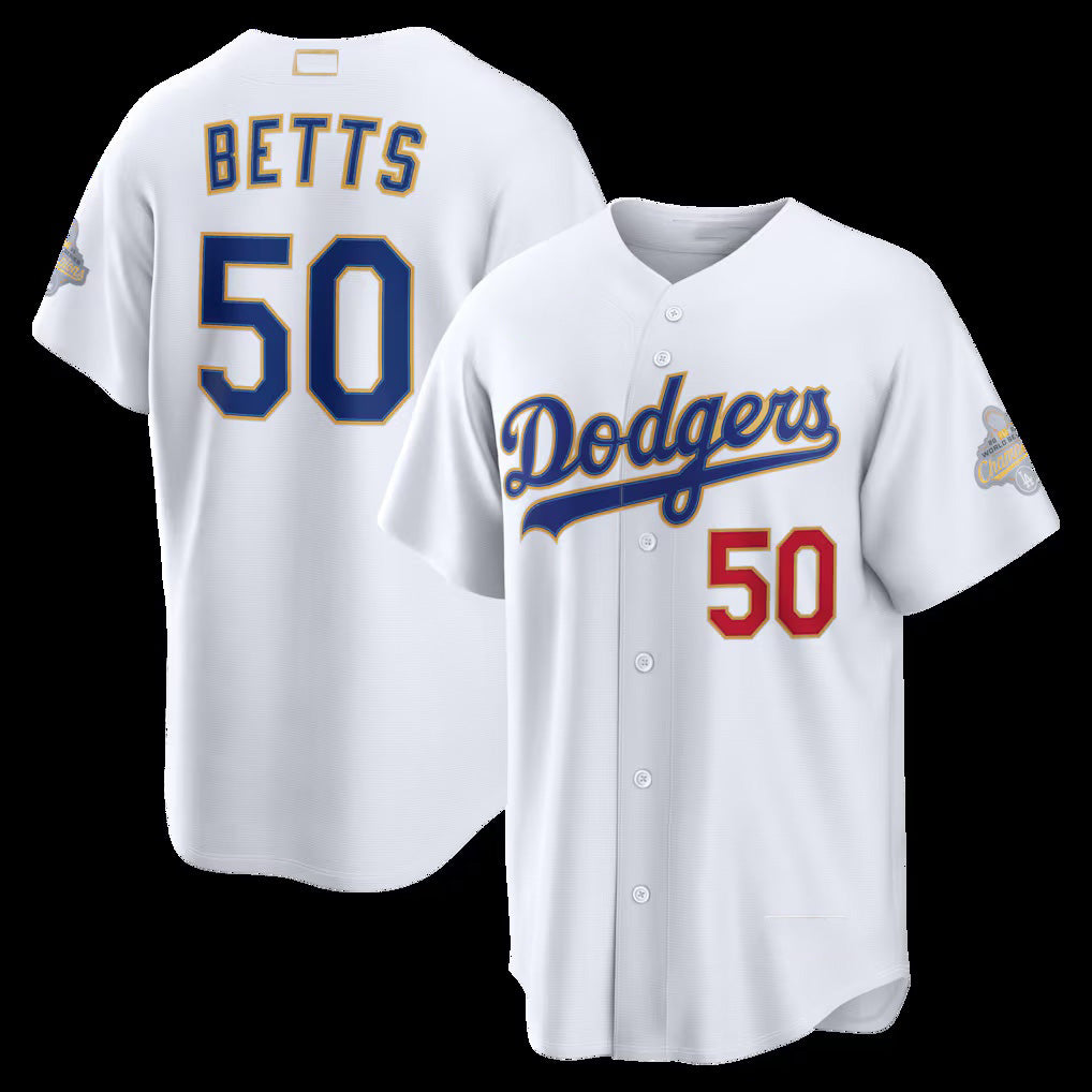 Los Angeles Dodgers #50 Mookie Betts White AmberGomez 2026 Gold Collection Stadium Jersey