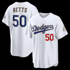 Los Angeles Dodgers #50 Mookie Betts White AmberGomez 2026 Gold Collection Stadium Jersey