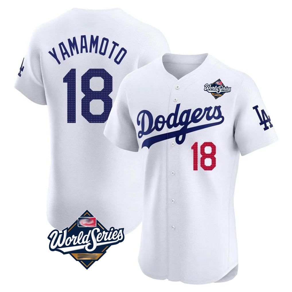 Los Angeles Dodgers #18 Yoshinobu Yamamoto Player White AmberGomez World Series Limited Elite Home Stitched Jerseys