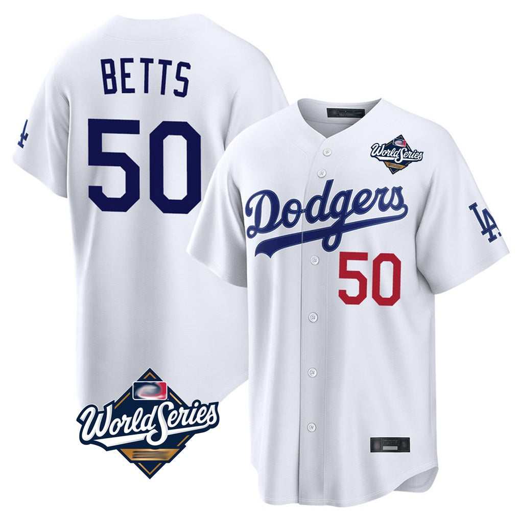 Los Angeles Dodgers #50 Mookie Betts Player White AmberGomez World Series Home Game Stitched Jerseys