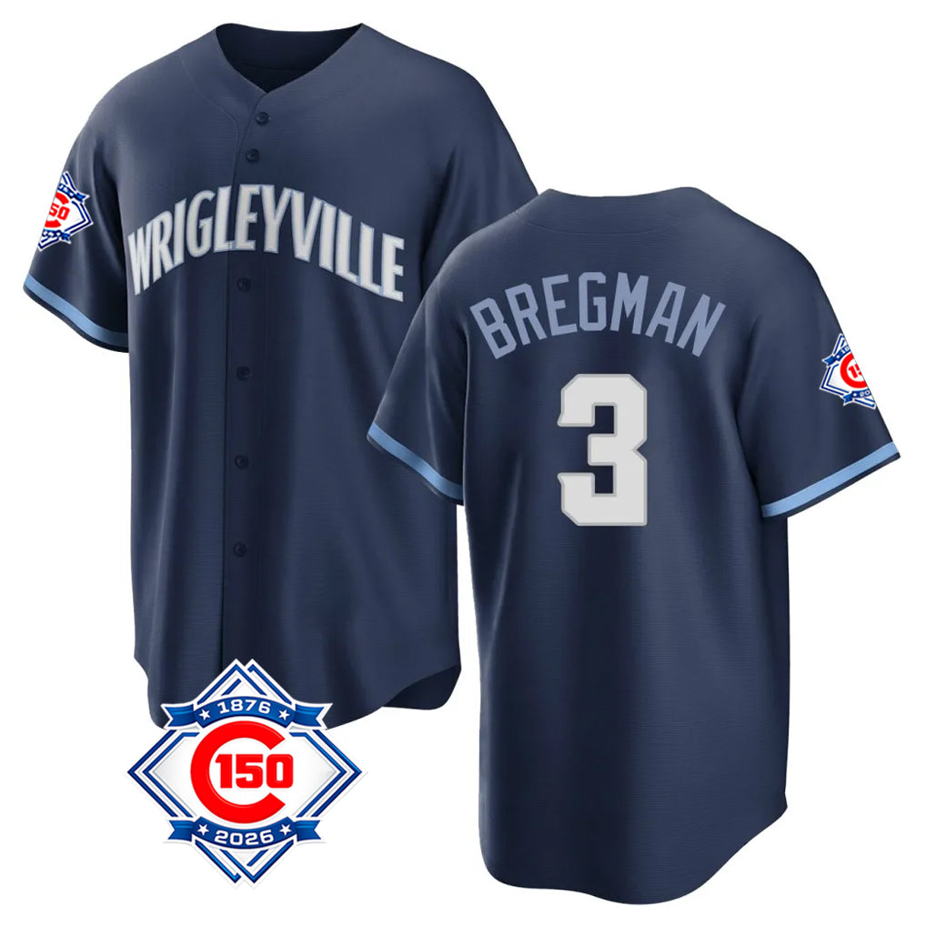 Chicago Cubs #3 Alex Bregman Player Navy AmberGomez 150th Anniversary City Connect Home Game Stitched Jerseys