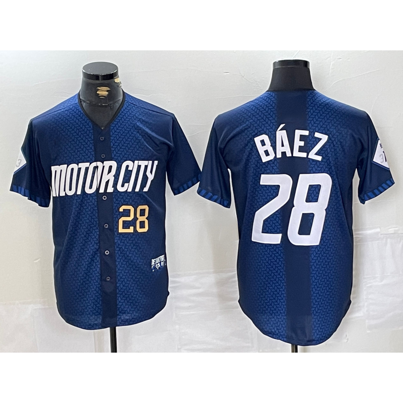 Detroit Tigers #28 Javier Baez Number 2024 Navy AmberGomez City Connect Cool Base Limited Stitched Jersey 2