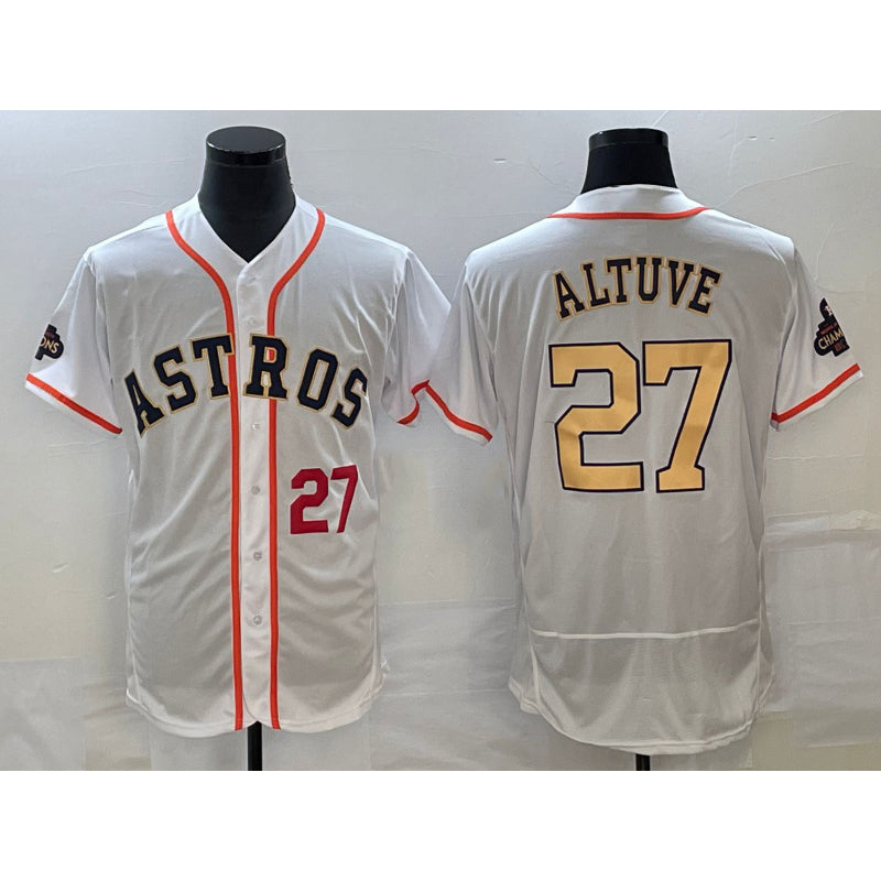 Houston Astros #27 Jose Altuve Number 2023 White AmberGomez Gold World Serise Champions Patch Flex Base Stitched Jersey