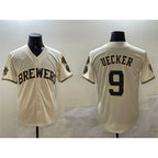 Milwaukee Brewers #9 Bob Uecker Cream AmberGomez With Home Patch Stitched Jersey