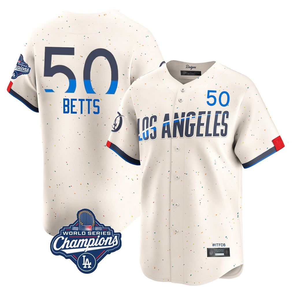 Los Angeles Dodgers #50 Mookie Betts Player Cream AmberGomez World Series Meet City Connect Limited Home Stitched Jerseys