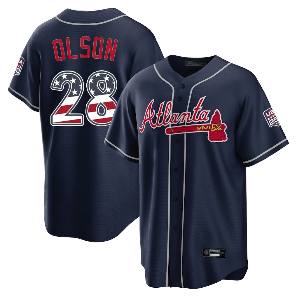 Atlanta Braves #28 Matt Olson Player Navy AmberGomez USA 250 Fourth Of July Limited Home Game Stitched Jerseys