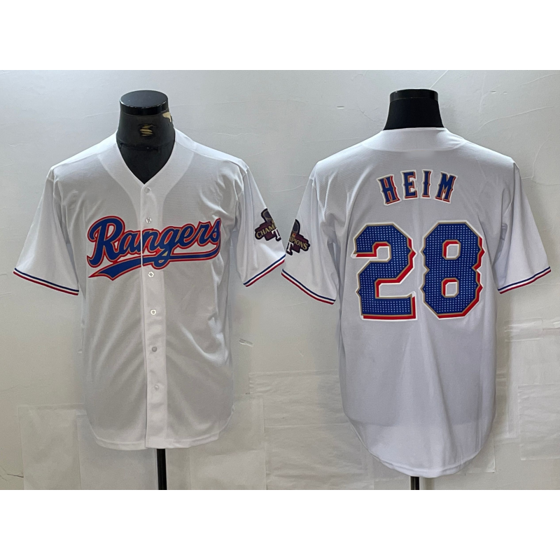 Texas Rangers #28 Jonah Heim White AmberGomez 2023 World Series Champions Cool Base Jersey