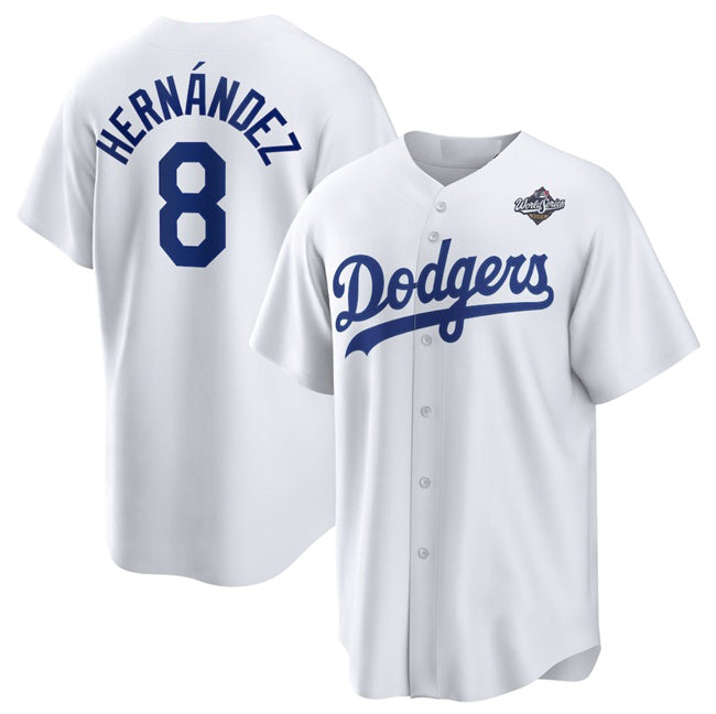 Los Angeles Dodgers #8 Enrique Hern¨¢ndez White AmberGomez 2025 World Series Home Cool Base Stitched Jersey