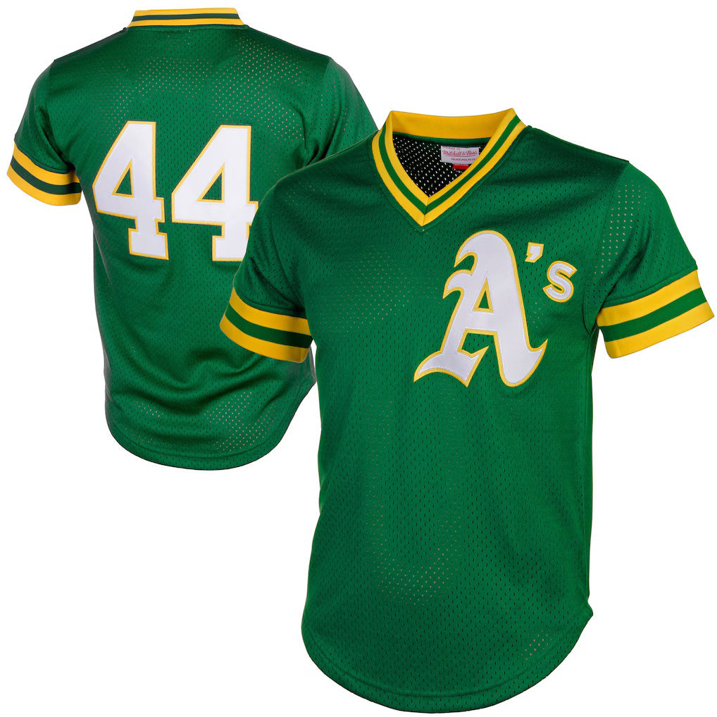 Oakland Athletics #44 Reggie Jackson Mitchell & Ness Green AmberGomez Authentic Batting Practice Jersey