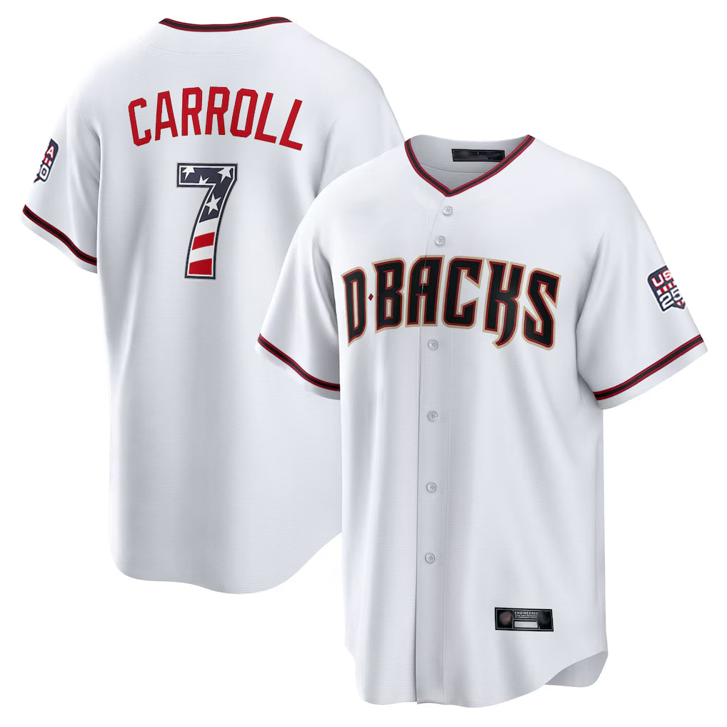 Arizona Diamondbacks #7 Corbin Carroll Player White AmberGomez USA 250 Fourth of July Home Game Stitched Jerseys