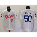 Los Angeles Dodgers #50 Mookie Betts White Pink AmberGomez Vin & Kobe Patch Stitched Jersey 2