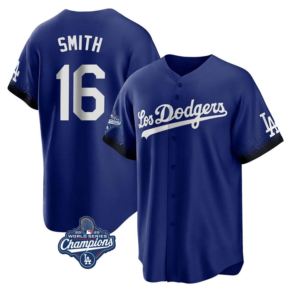 Los Angeles Dodgers #16 Will Smith Player Royal AmberGomez World Series Meet City Connect Home Game Stitched Jerseys