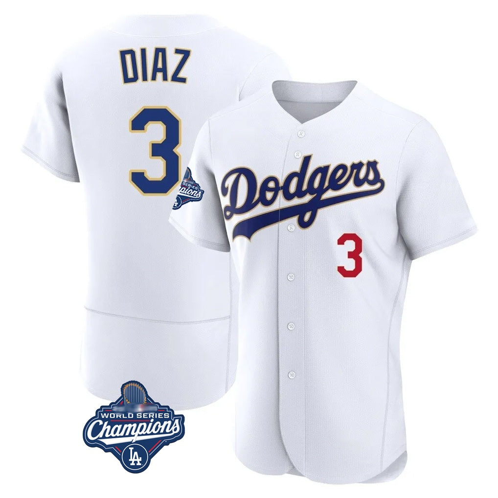 Los Angeles Dodgers #3 Edwin D¨ªaz Player Gold White AmberGomez World Series Meet 2026 Collection Stadium Limited Elite Stitched Jerseys