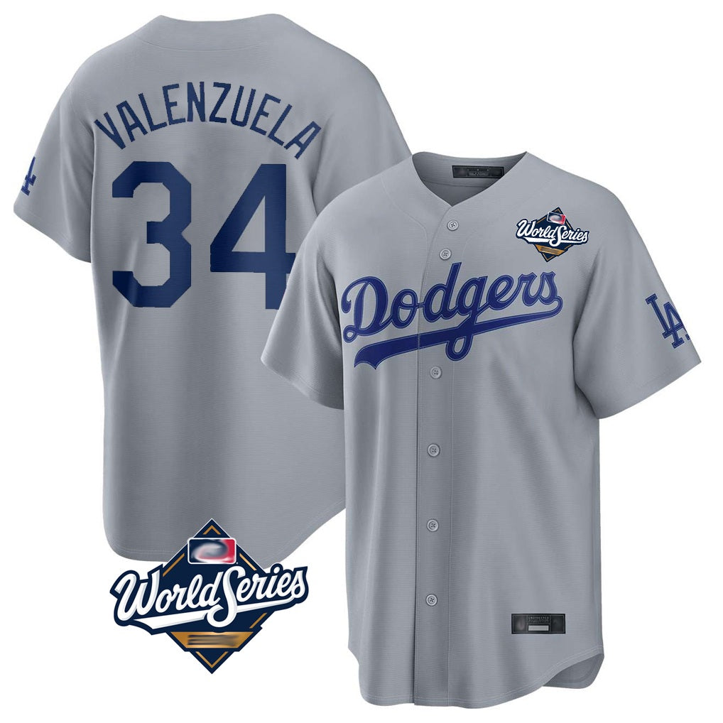 Los Angeles Dodgers #34 Fernando Valenzuela Player Gray AmberGomez World Series Game Stitched Jerseys