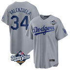 Los Angeles Dodgers #34 Fernando Valenzuela Player Gray AmberGomez World Series Game Stitched Jerseys