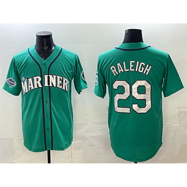 Seattle Mariners #29 Cal Raleigh Aqua AmberGomez With 2025 AL West Division Champions Patch Limited Stitched jersey
