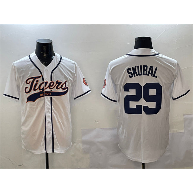 Detroit Tigers #29 Tarik Skubal White AmberGomez With Patch Cool Base Stitched Jersey