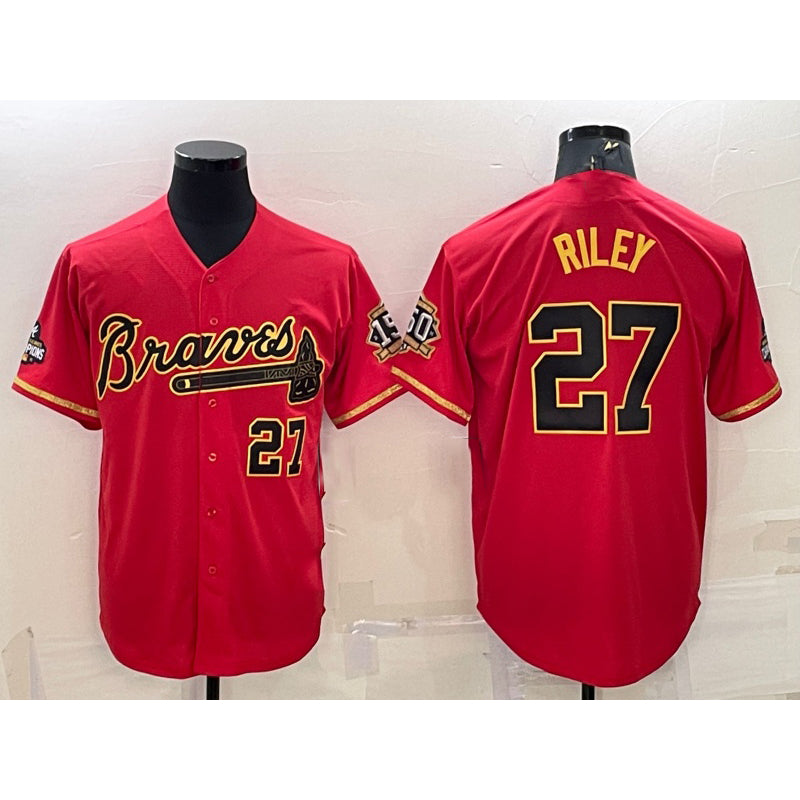 Atlanta Braves #27 Austin Riley Red Gold AmberGomez World Series Champions Program Cool Base Stitched Jersey