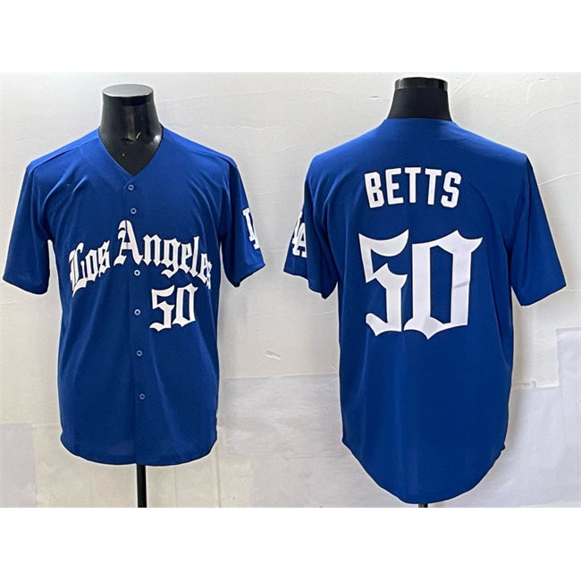 Los Angeles Dodgers #50 Mookie Betts Blue AmberGomez 2025 LA Gothic Style With Fernando Patch Vapor Premier Limited Stitched Jersey