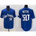 Los Angeles Dodgers #50 Mookie Betts Blue AmberGomez 2025 LA Gothic Style With Fernando Patch Vapor Premier Limited Stitched Jersey