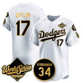 Los Angeles Dodgers #17 Shohei Ohtani White Gold AmberGomez 2025 World Series With No.34 Patch Limited Stitched Jersey