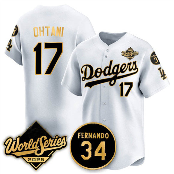 Los Angeles Dodgers #17 Shohei Ohtani White Gold AmberGomez 2025 World Series With No.34 Patch Limited Stitched Jersey