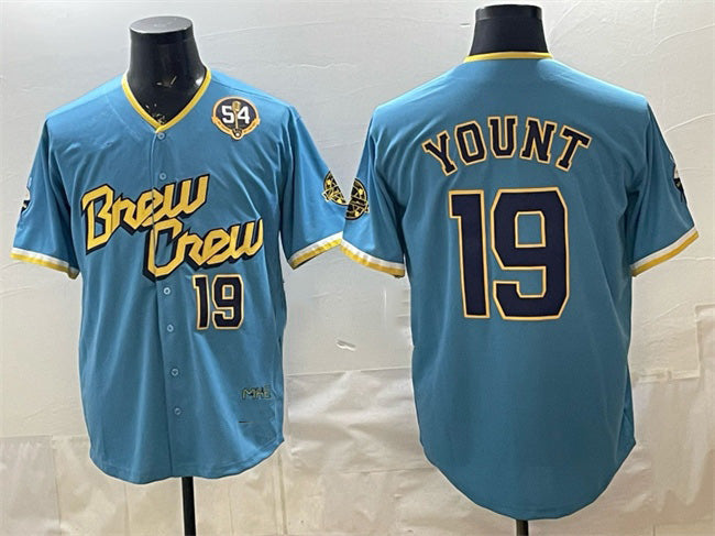 Milwaukee Brewers #19 Robin Yount Powder Blue AmberGomez City Connect With Home & Bob Uecker Patch Limited Stitched Jersey