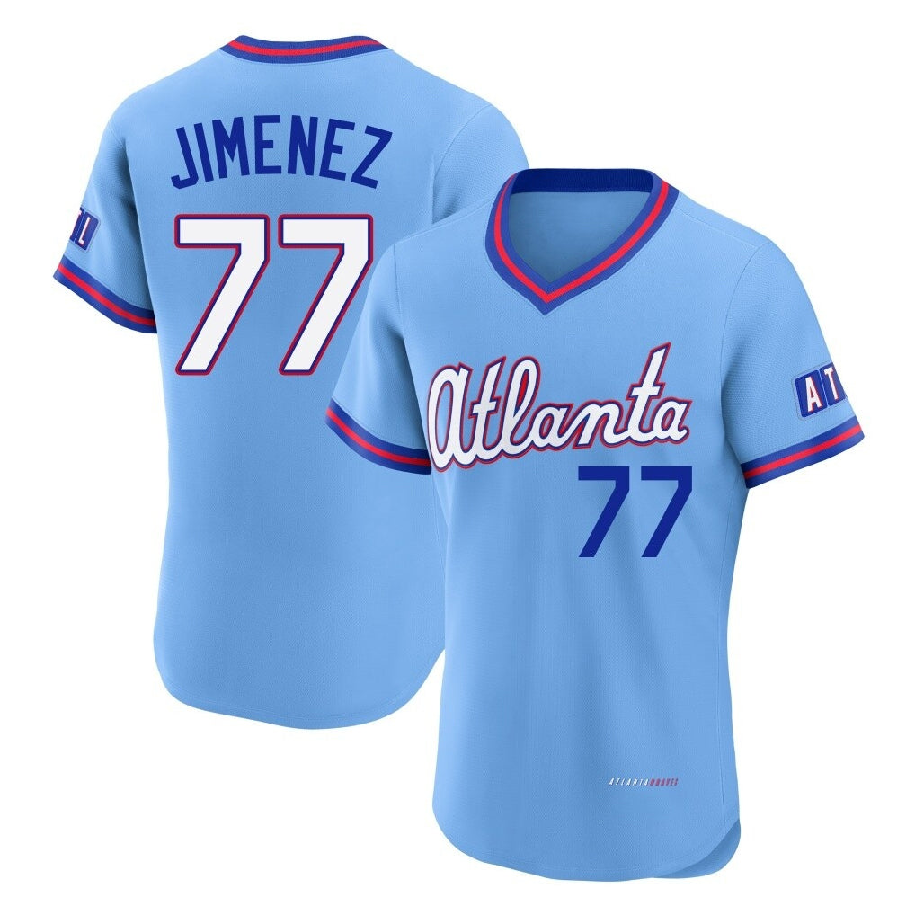 Atlanta Braves #77 Joe Jimenez Player Powder Blue AmberGomez 2026 City Connect T-shirt Limited Elite Home Game Stitched Jerseys