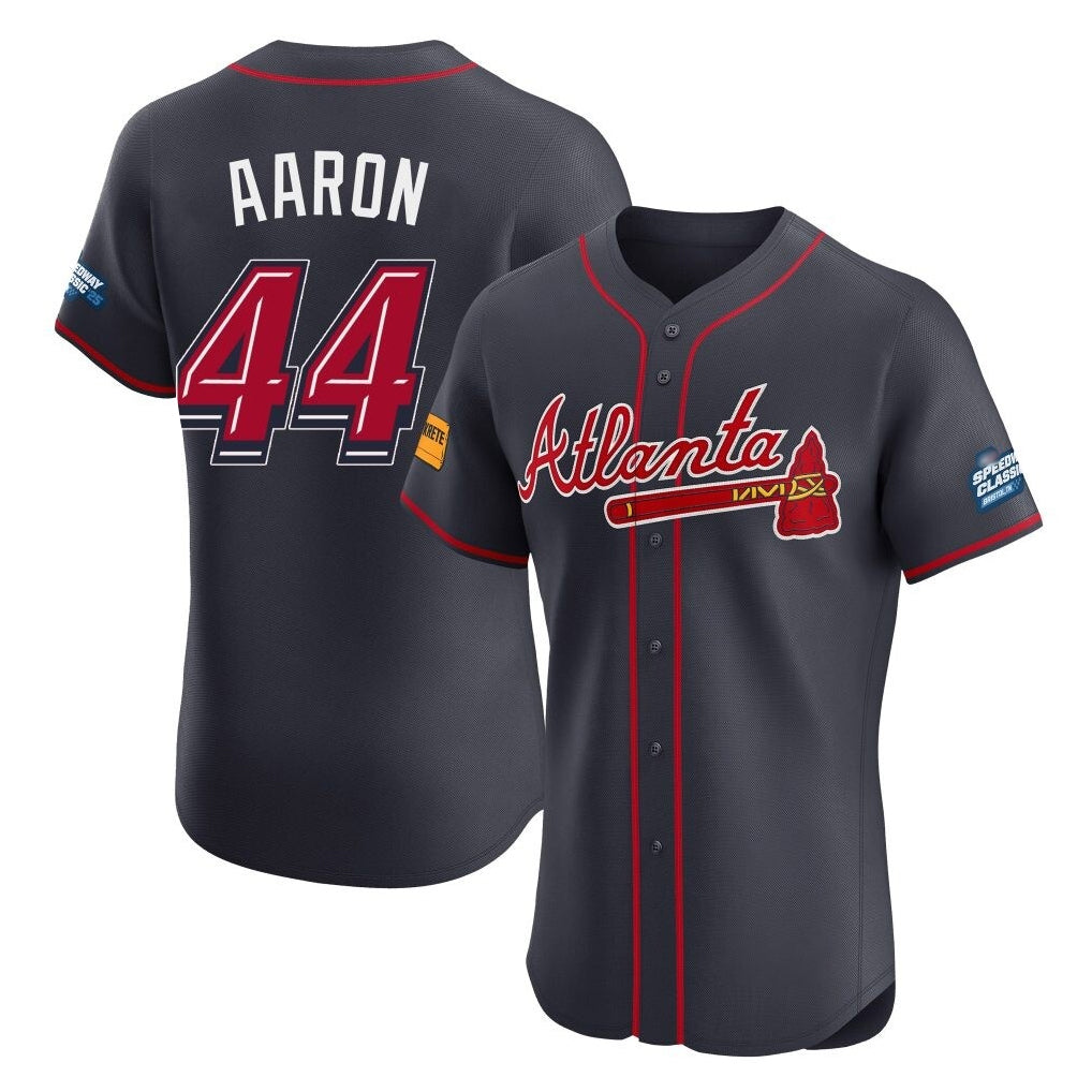Atlanta Braves #44 Hank Aaron Player Navy AmberGomez 2025 Speedway Classic Limited Elite Home Game Stitched Jerseys