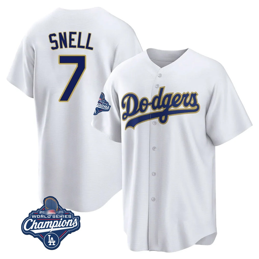 Los Angeles Dodgers #7 Blake Snell Player Gold White AmberGomez World Series Meet Home Game Stitched Jerseys