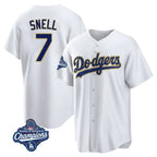 Los Angeles Dodgers #7 Blake Snell Player Gold White AmberGomez World Series Meet Home Game Stitched Jerseys
