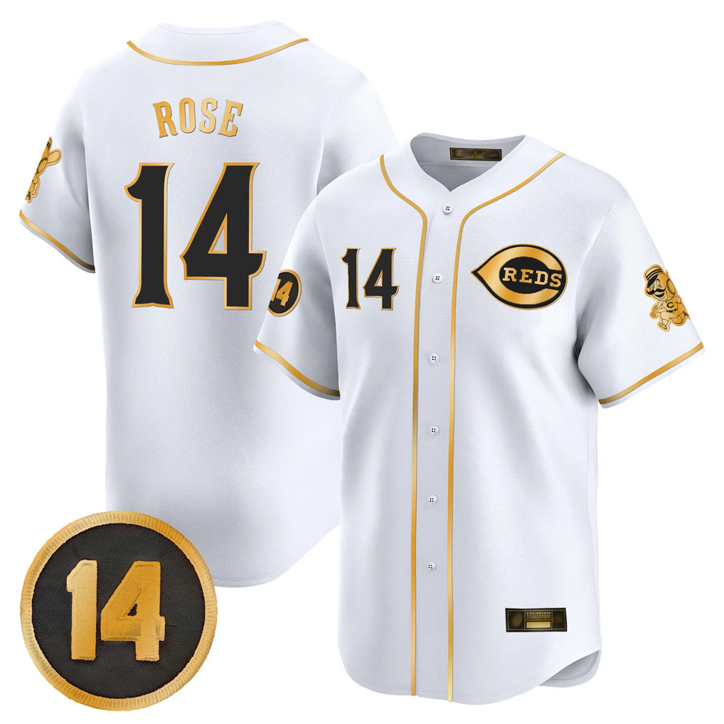 Cincinnati Reds #14 Pete Rose Player White-Gold AmberGomez Vapor Premier Limited Home Stitched Jerseys