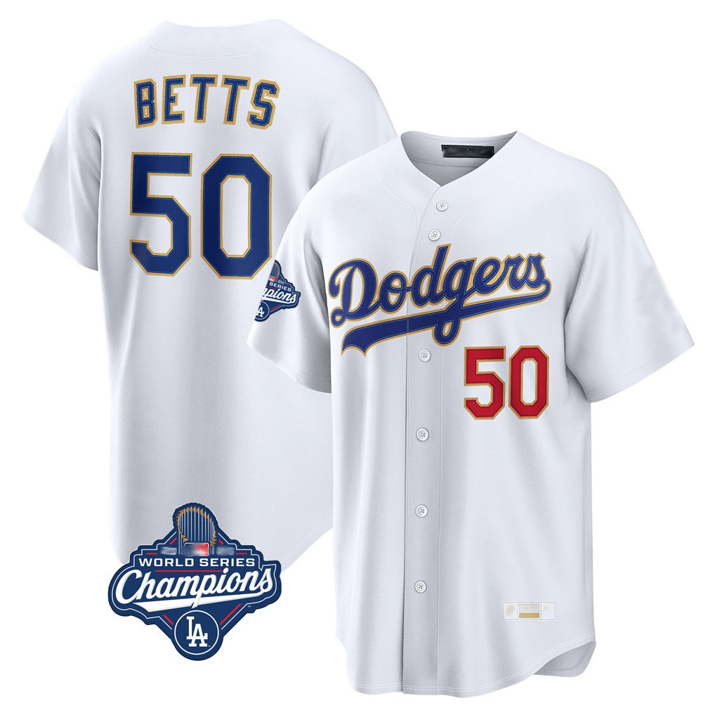 Los Angeles Dodgers #50 Mookie Betts Player Gold White AmberGomez World Series Meet Collection Limited Home Stitched Jerseys