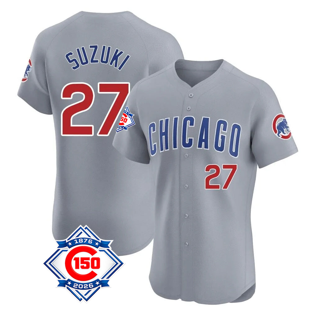Chicago Cubs #27 Seiya Suzuki Player Gray AmberGomez Road 150th Anniversary Limited Elite Home Stitched Jerseys