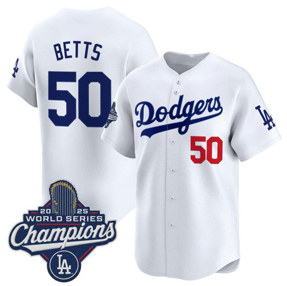 Los Angeles Dodgers #50 Mookie Betts White AmberGomez 2025 Champions Stitched Jersey