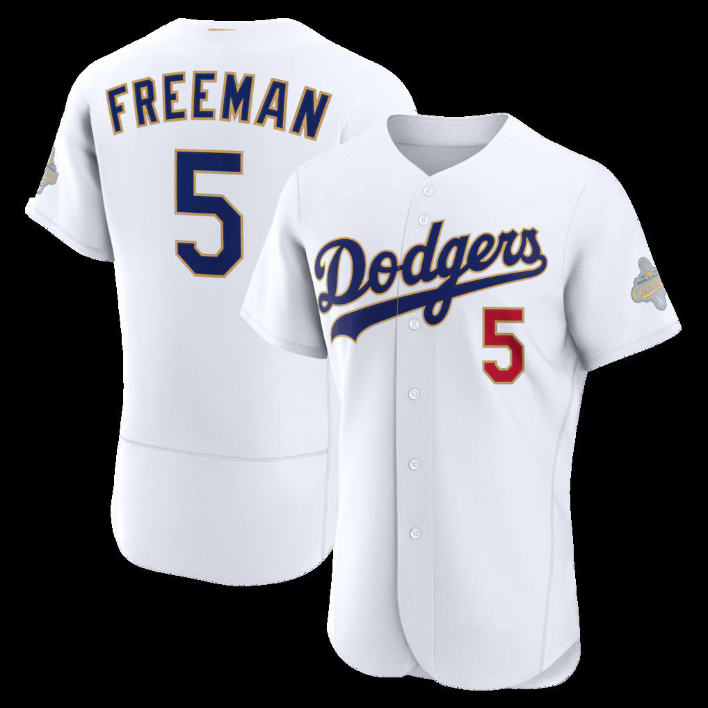 Los Angeles Dodgers #5 Freddie Freeman White AmberGomez 2026 Gold Collection Authentic Jersey