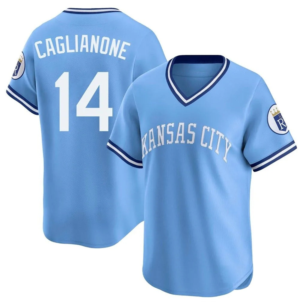 Kansas City Royals #14 Jac Caglianone Player Light Blue AmberGomez Limited Throwback Cooperstown Collection T-shirt Stitched Jerseys