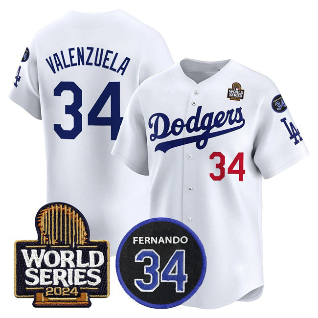 Los Angeles Dodgers #34 Toro Valenzuela White AmberGomez 2024 World Series With Fernando Memorial Patch Limited Stitched Jersey