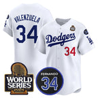 Los Angeles Dodgers #34 Toro Valenzuela White AmberGomez 2024 World Series With Fernando Memorial Patch Limited Stitched Jersey
