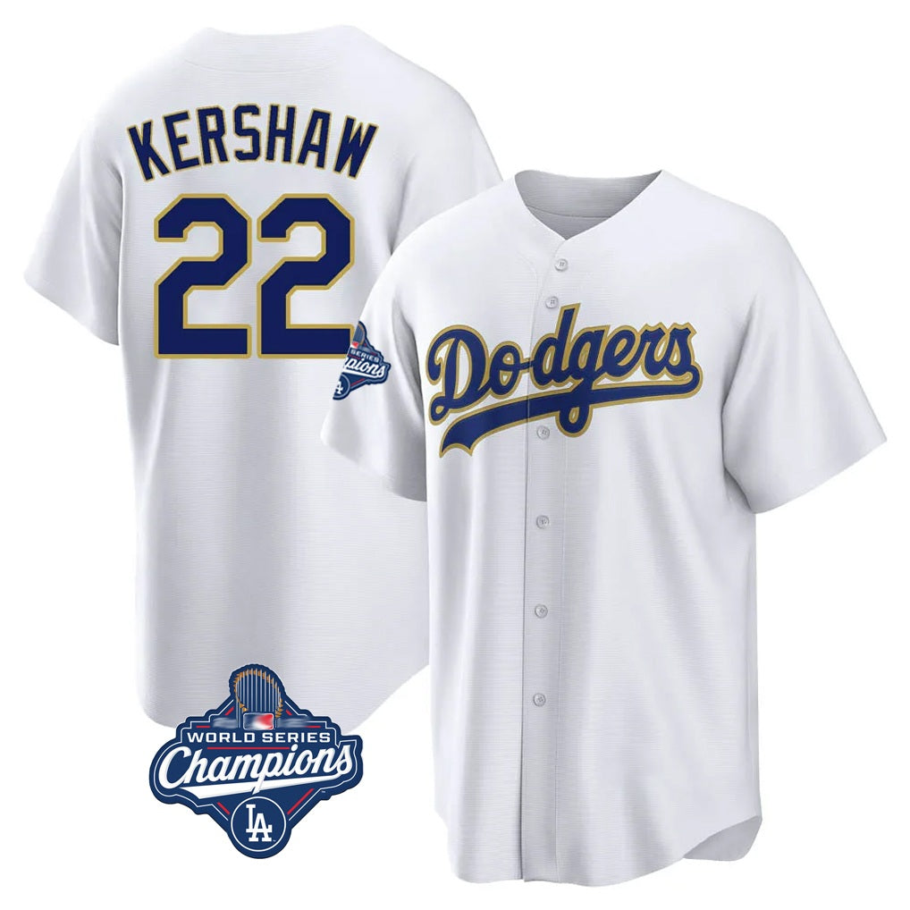 Los Angeles Dodgers #22 Clayton Kershaw Player Gold White AmberGomez World Series Meet 2026 Collection Stadium Game Stitched Jerseys