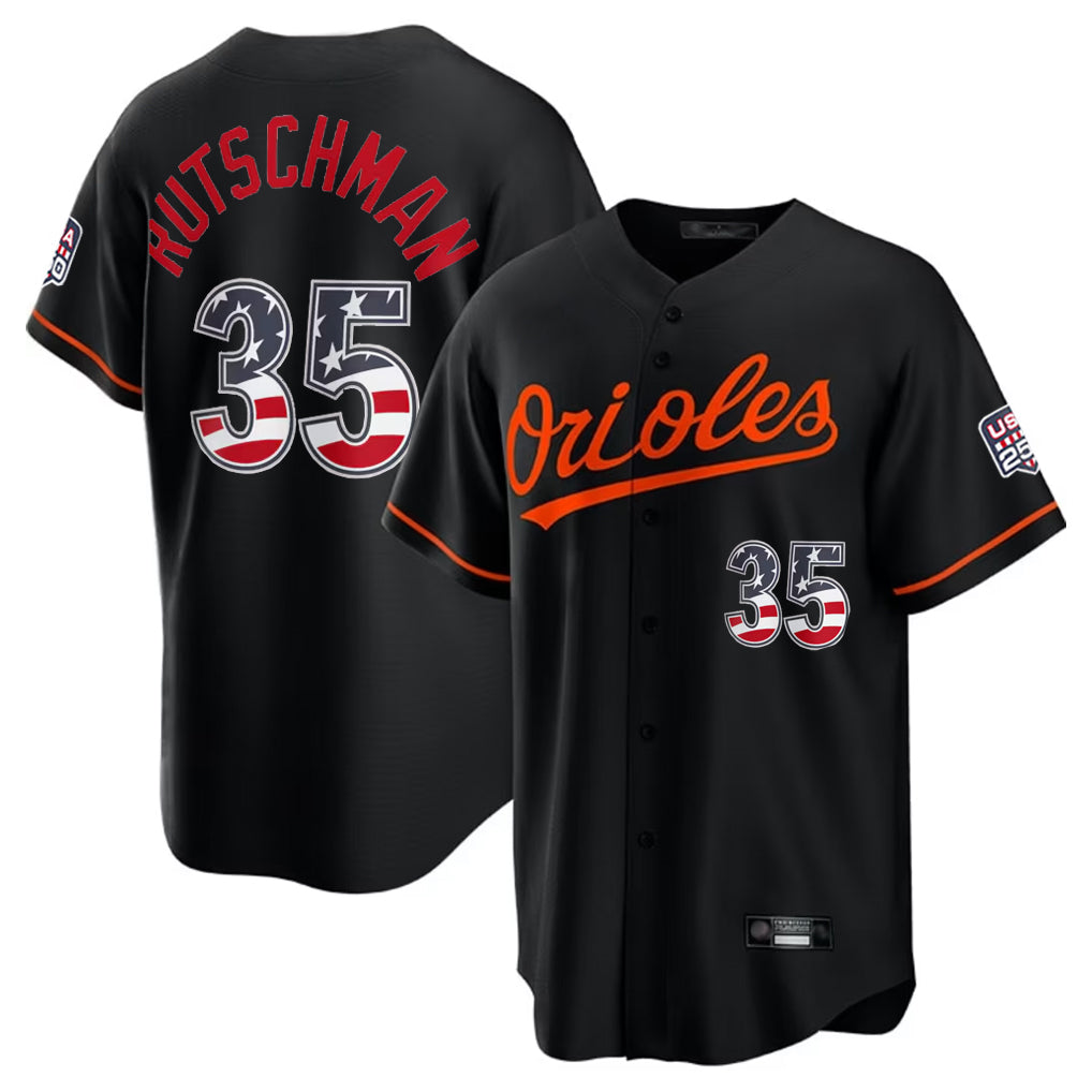Baltimore Orioles #35 Adley Rutschman Player Black AmberGomez USA 250 Fourth of July Home Game Stitched Jerseys