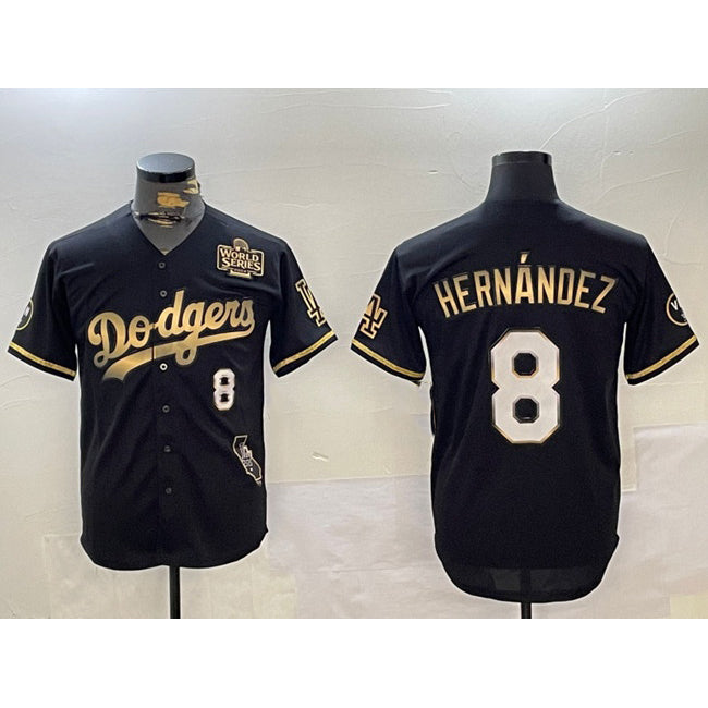 Los Angeles Dodgers #8 Enrique Hern¨¢ndez Black Gold AmberGomez 2024 World Series With Vin & California Patch Vapor Premier Limited Stitched Jersey