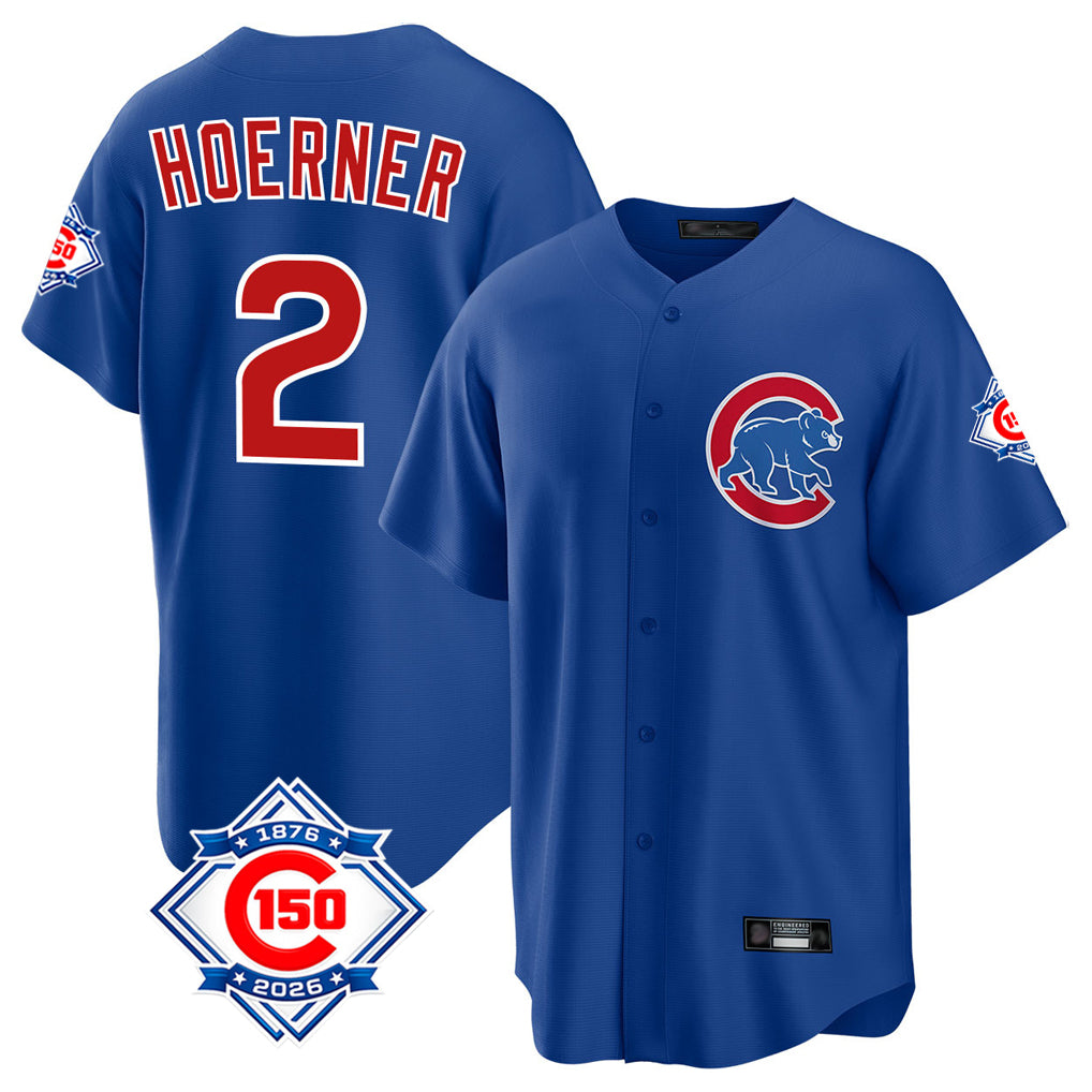 Chicago Cubs #2 Nico Hoerner Player Royal AmberGomez 150th Anniversary Home Game Stitched Jerseys